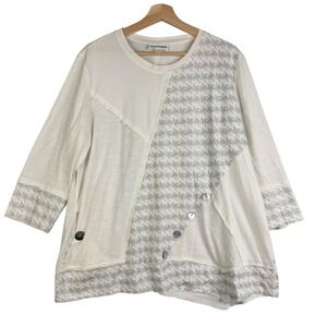 Neon Buddha Tunic Shirt Women Size XL 3/4 Sleeve White Houndstooth  print Cotton